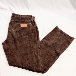 VTG Wrangler Jeans Mens 34x32 Brown Chocolate Denim Straight Zip 936KCL USA Made